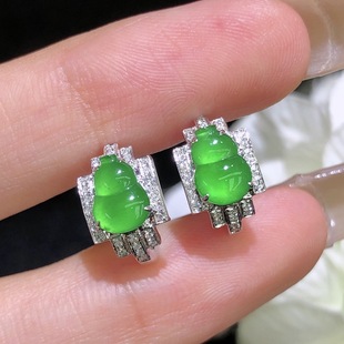 Natural Jade Jade Earrings Water Color Sunny Green Gourd Jade Earrings Jade Earrings 18K Gold Inlay