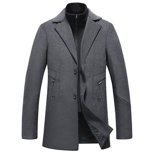New In-Stock Men's Wool Coat Autumn and Winter Men's Ribbed Collar Warm Woolen Trench Coat Middle-Aged Coat Jacket