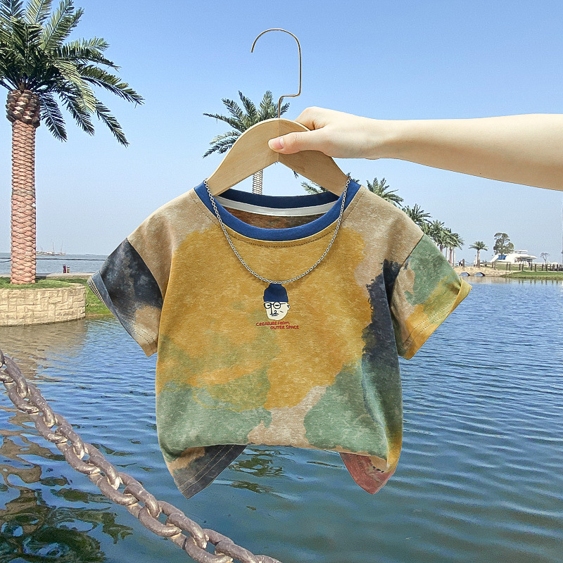 7832 Camiseta de manga corta de verano para niños Nueva versión coreana de la blusa de media manga de teñido anudado para bebés