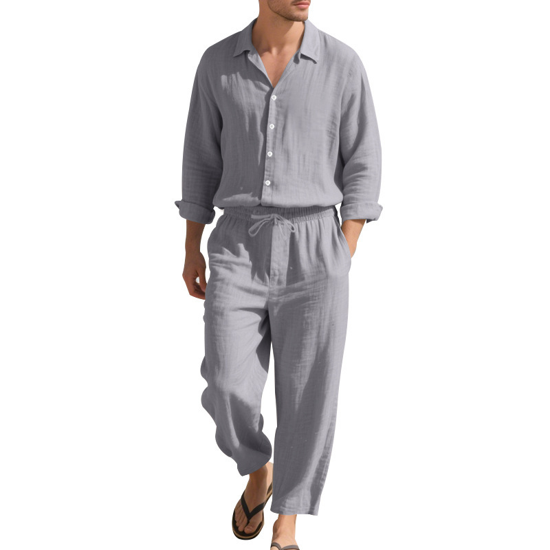 Estación independiente transfronteriza American Four Seasons Lino casual para hombres Playa suelta Protector solar Camisa de manga larga Traje de pantalón