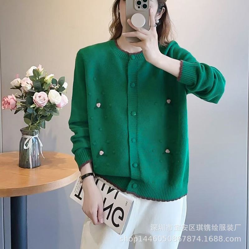 琪镌绘制刺绣圆领针织开衫上衣女装早秋新款宽松休闲时尚显瘦毛衣|undefined