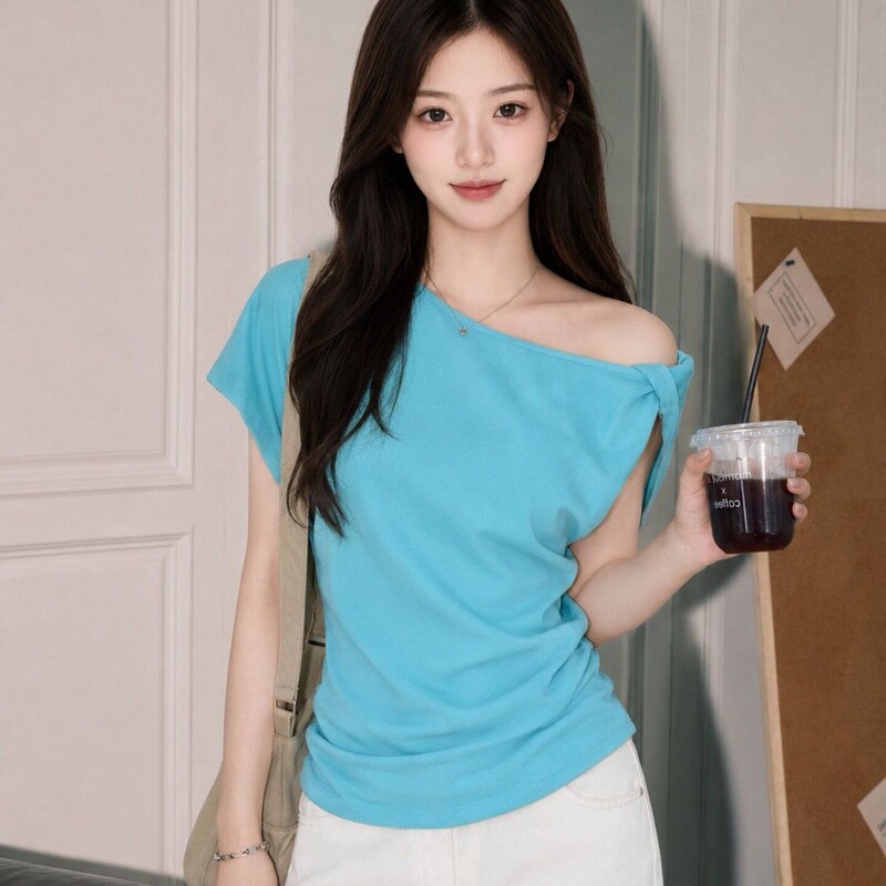 [Official Image 1*1 Pure Cotton 210g] New Summer Style Pure Desire Style Slim Fit Sexy Hot Girl Off-Shoulder Top