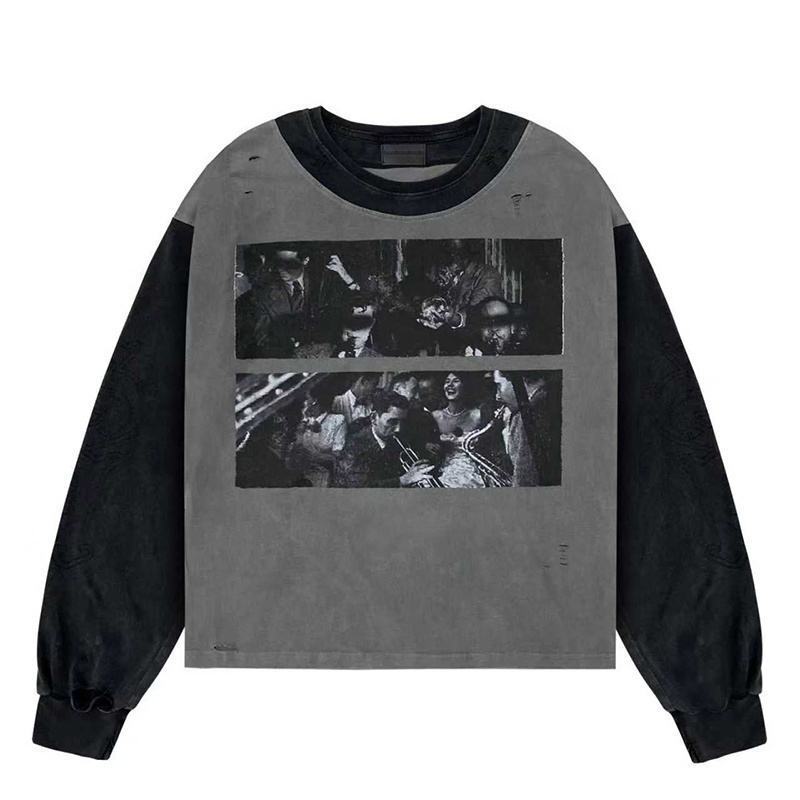 OEM High-Quality Streetwear 100% Cotton Distressed Long-Sleeve Patchwork Screen-Printed Design Men's Sweatshirt