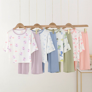 Children's Youke Home Clothes Seven-point Sleeve Set Printed Boneless Pajamas for Boys and Girls Summer Thin Air Conditioning Clothes