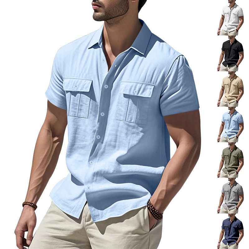 Herren Sommer Strand Atmungsaktiv Casual Leinen Multi Pocket Buttoned Workwear Kurzarmhemd_voghion.com