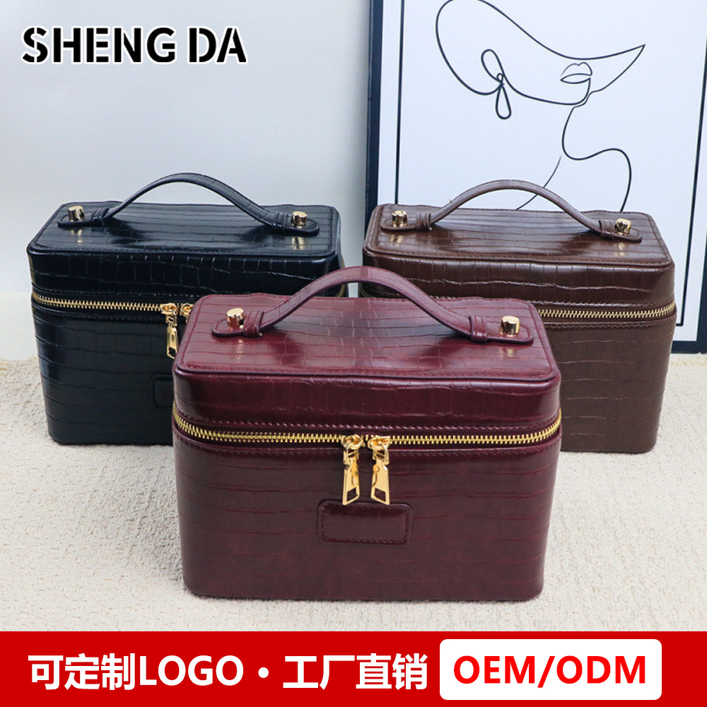 New Foreign Trade Style Crocodile Pattern Pu Leather Handbag Makeup Bag Travel Bag Portable Ostrich Pattern Toiletry Bag with Detachable Compartments