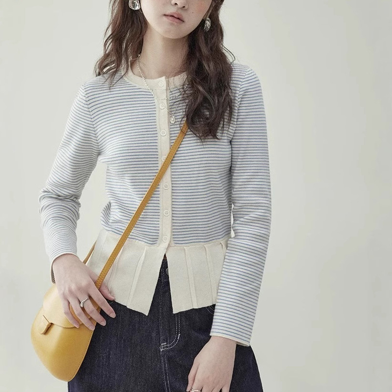 "North Island" Color-block Striped Pleated Hem Sweater Women's Early Spring New Niche Long-sleeved Top