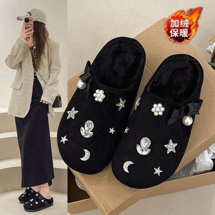 Интернет-красная головка с толстым дном шерстяные тапочки женские наружные носить 2024 новые осенние и зимние плюшевые хлопчатобумажные тапочки