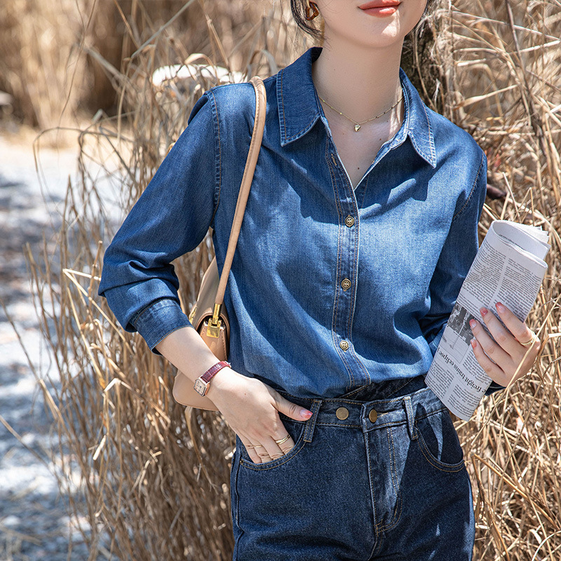 No Curl dark blue Soft Denim Shirt Women's Autumn and Winter Stacked Shirt Small Shoulder Top Spring Clothes
