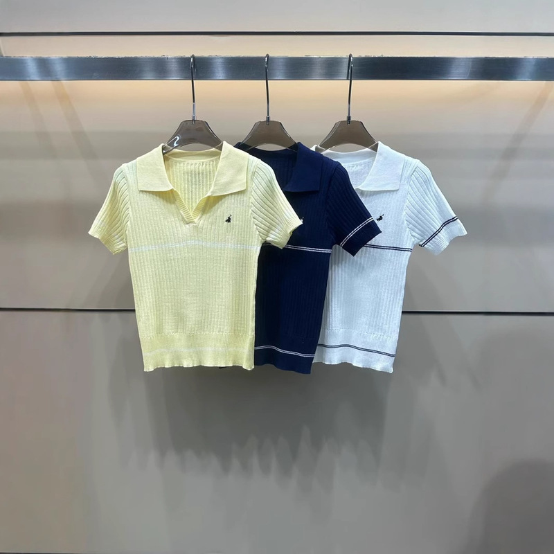2025 新しい夏のポロポニー小さな V ネックニット半袖ラペルプルオーバールーズで多用途な女性のトップス|undefined