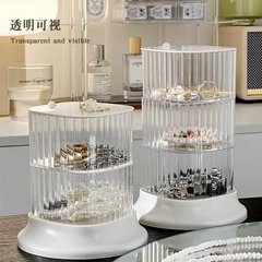 Transparent rotating cosmetic organizer with puff holder, desktop makeup cotton pad & beauty sponge rack, and jewelry storage shelf