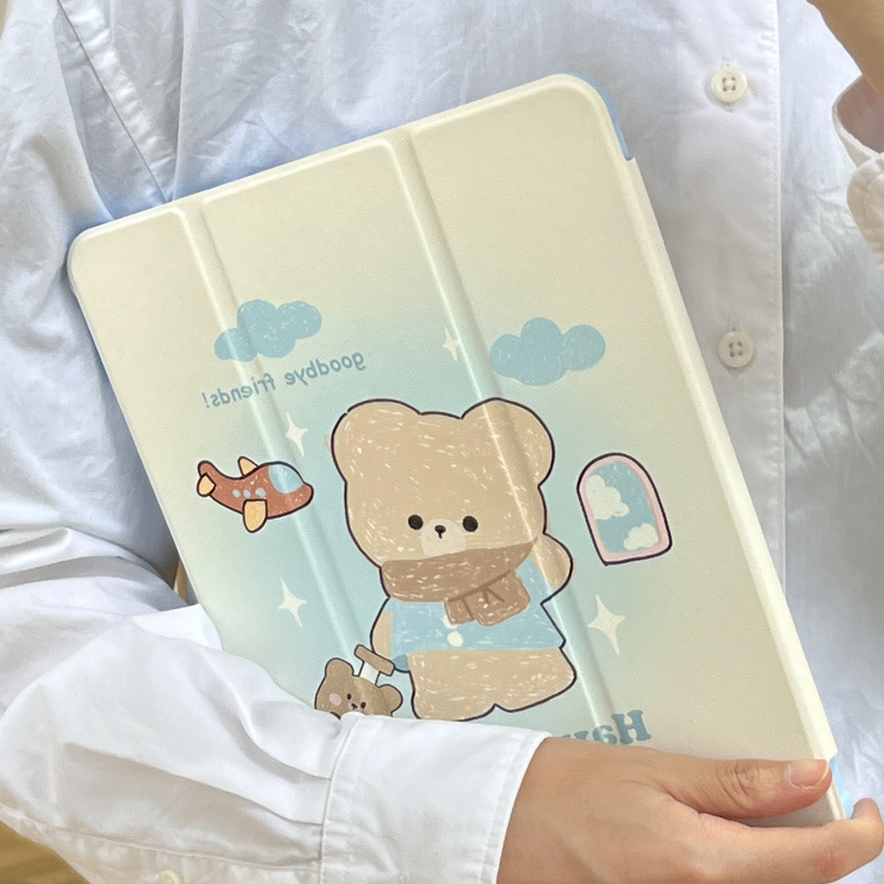 Cute Airplane Bear Suitable for iPad Pro Tablet Protective Cover Air with Pen Slot Mini Three-Fold 10Th Japanese and Korean 11