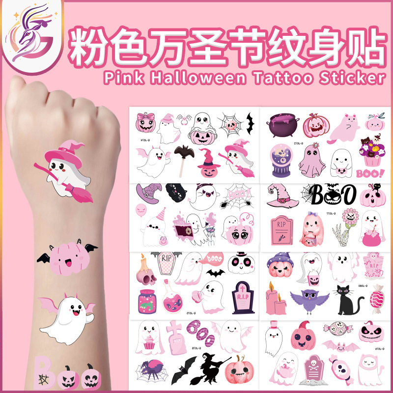 Pink Halloween Tattoo Sticker Cute Pink Ghost Pumpkin Cartoon Halloween Party Disposable Temporary Tattoo Pink Halloween Tattoo Sticker Cute Pink Ghost Pumpkin Cartoon Halloween Party Disposable Temporary Tattoo