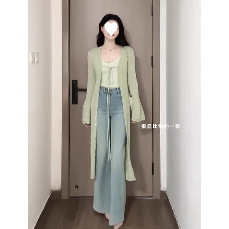 绿色领镂空,纯色好看针织开衫外套女夏季薄款外搭长款防晒空调衫|undefined