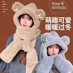 帽子のマフラーの手袋の一体の3つのセットの女性の熊のネットの赤い冬の百合のマフラーの冬の保温の毛の帽子