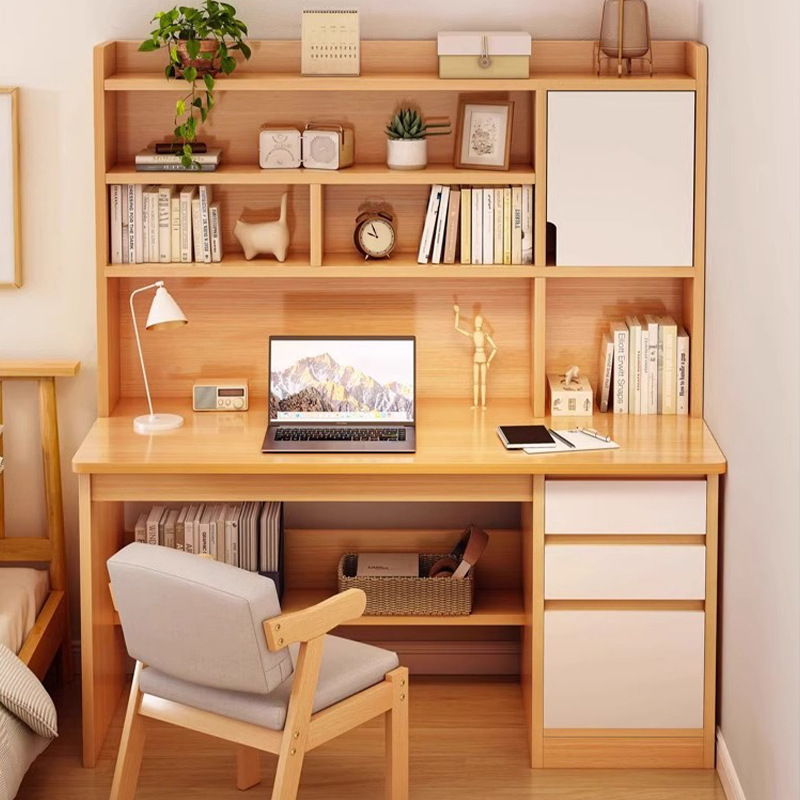 Solid Wood Desk Student Home Bedroom Study Desk Dormitory Bookshelf Integrated Bookcase Office Desk Desktop Table