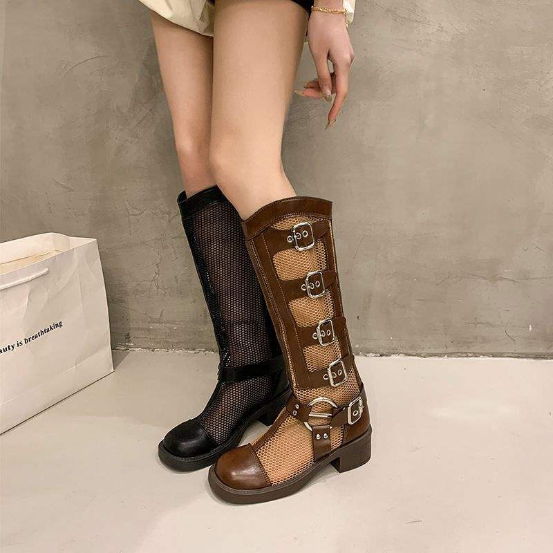Korean Style Mesh Long Boots, Solid Color Leather, Trendy Shoes with Belt Buckle Korean Style Mesh Long Boots, Solid Color Leather, Trendy Shoes with Belt Buckle