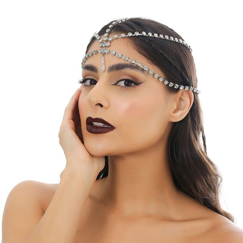 Europa y América de moda gota de agua cadena de cabello sencilla cadena de frente de diamante de alta calidad joyas de novia cadena de cabello mujer