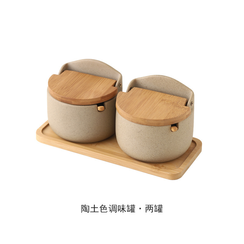 Tarro de condimento de tapa de madera de bambú de cerámica japonesa, caja de condimento, tanque de almacenamiento de condimento de cocina, juego de tarro de azúcar de sal para el hogar de restaurante