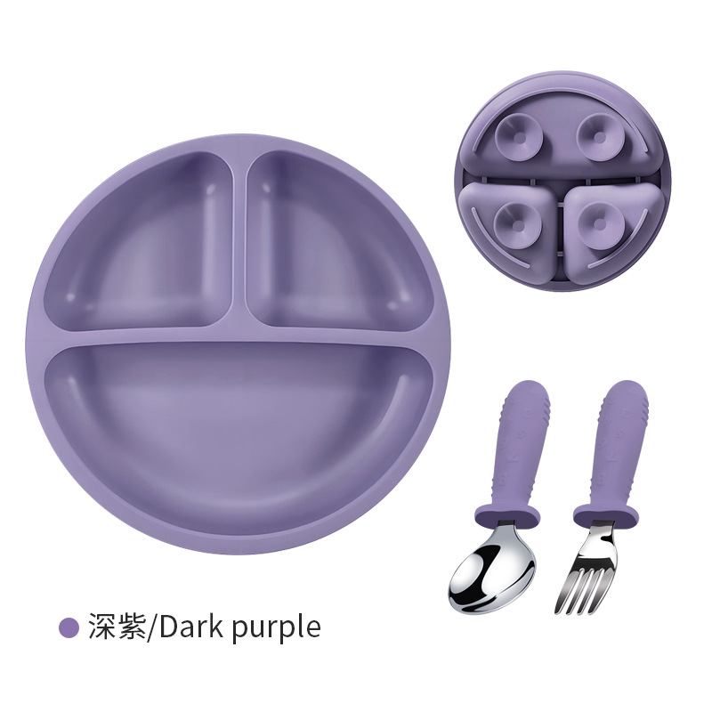 Placa de comedor de silicona para bebés 304 tenedor y cuchara de acero inoxidable, plato de ventosa, alimento complementario de tres compartidos para bebés de grado alimenticio resistente a altas temperaturas