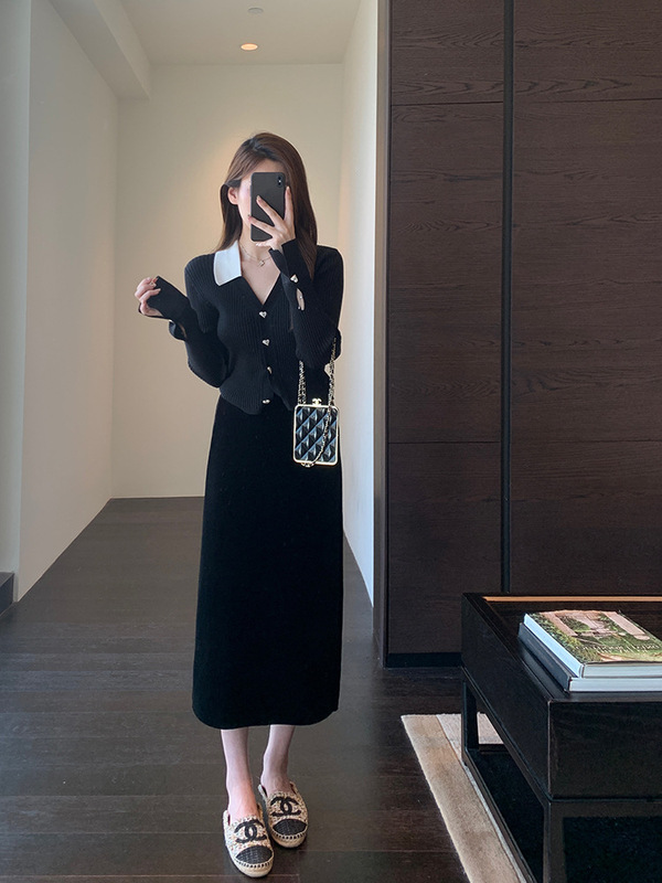 朵妮DN◆别致时髦 撞色polo领羊毛混纺针织衫显瘦毛衣女秋冬新款|undefined