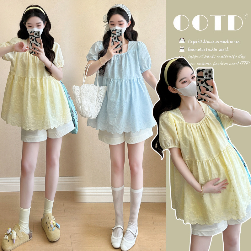 Real Shot of Stylish 2026 Summer New Maternity Korean-Style Lace Embroidery Age-Reducing Babydoll Top + Belly Support Shorts