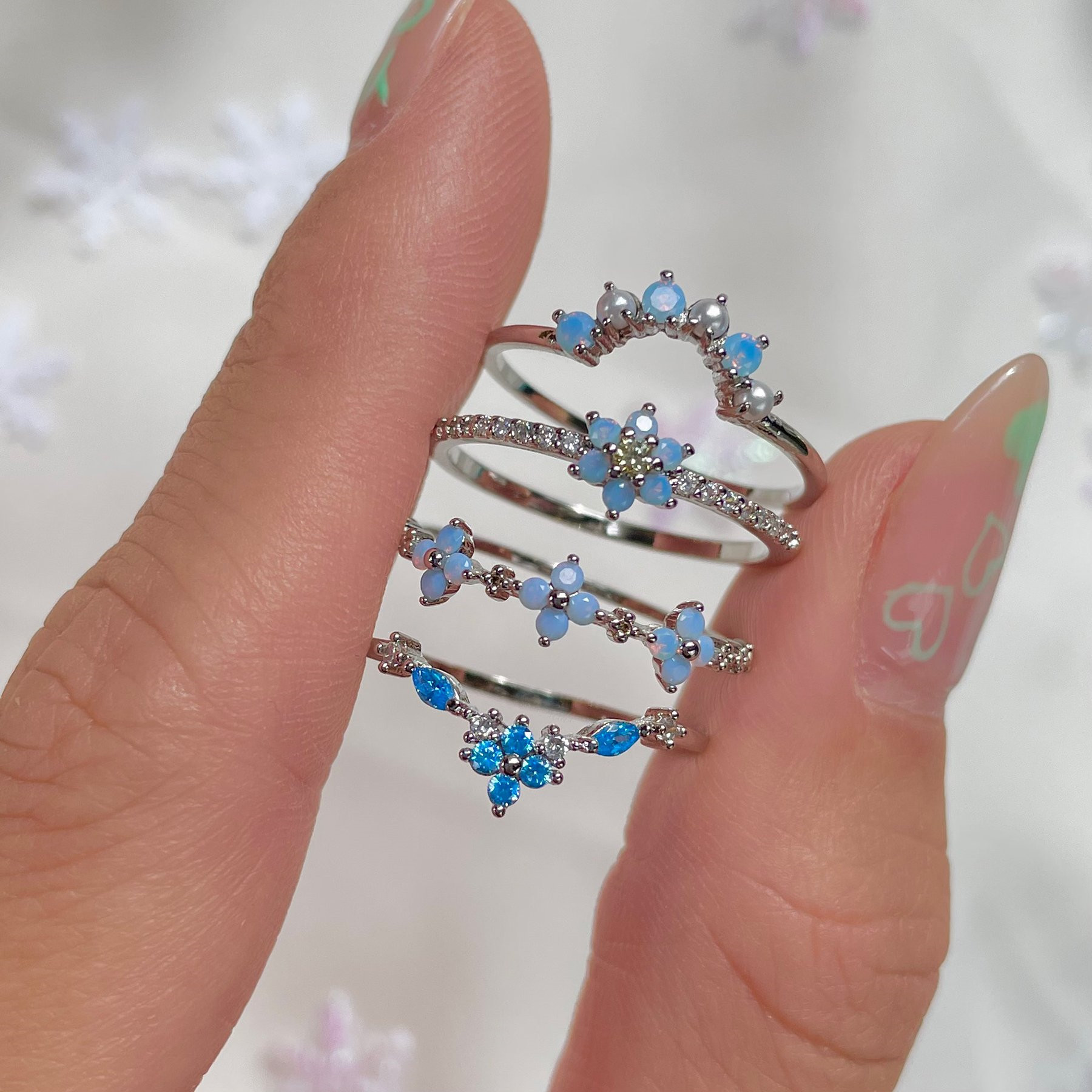 2022 Summer New Fashion Blue Color Flower Cool  Copper Rings