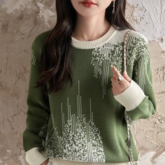 重工提花纯棉内搭针织衫女2025秋冬新款加厚保暖长袖打底宽松毛衣