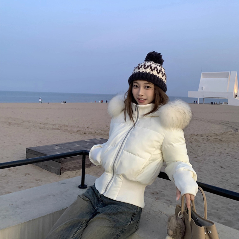 White Duck down Detachable Large Fur Collar Lining Fleece-Lined Waist Slimming Look Short down Jacket for Women 2025 Winter Thickeneded Jacket