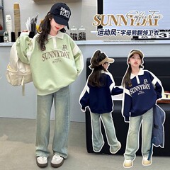 女孩秋季POLO领上衣潮中大童拼色运动风春季新款翻领洋气时尚卫衣