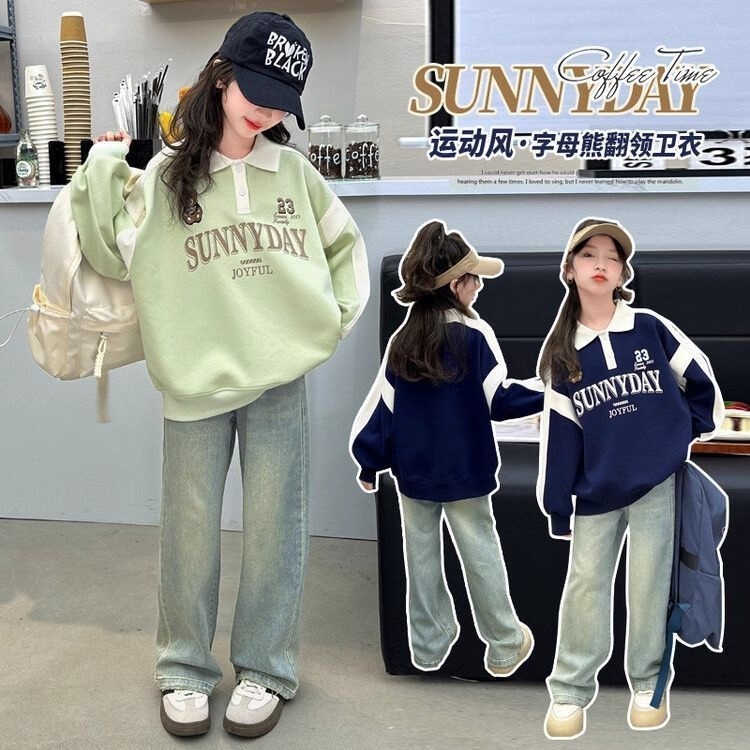 女孩秋季POLO领上衣潮中大童拼色运动风春季新款翻领洋气时尚卫衣|undefined