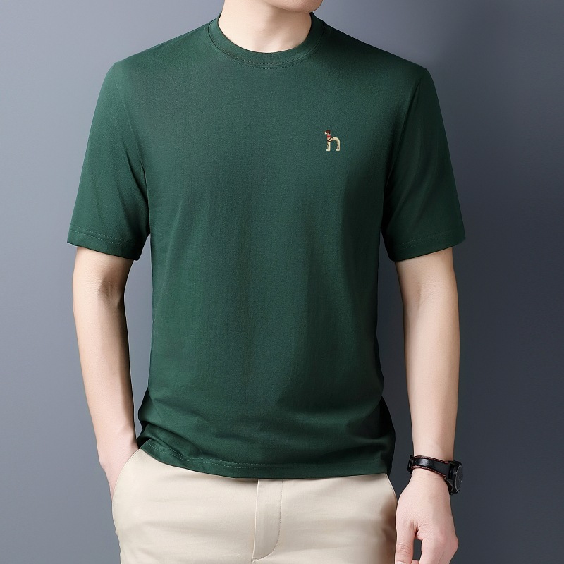 Rohajiskai Brand 2026 Summer Ice Silk Short-Sleeved T-Shirt Men's Round Neck Pure Cotton Embroidered Half-Sleeved T-Shirt Trendy
