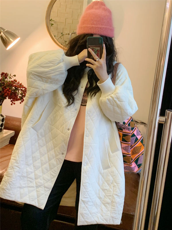 卡其色大码宽松外套女年秋冬季圆领轻又暖廓形中长款风衣棉衣|undefined