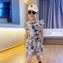 夏季新中式女童旗袍连衣裙小飞袖短裤山水画套装复古亲子装两件套