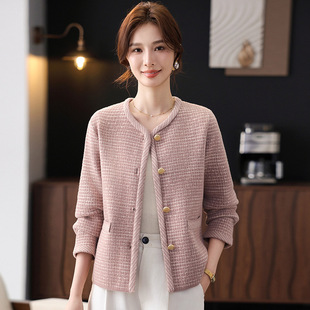 New Mom Crewneck Knitted Cardigan Jacket Women's Clothing for the Elderly Spring and Autumn Short plus size Western Style Sweater Top