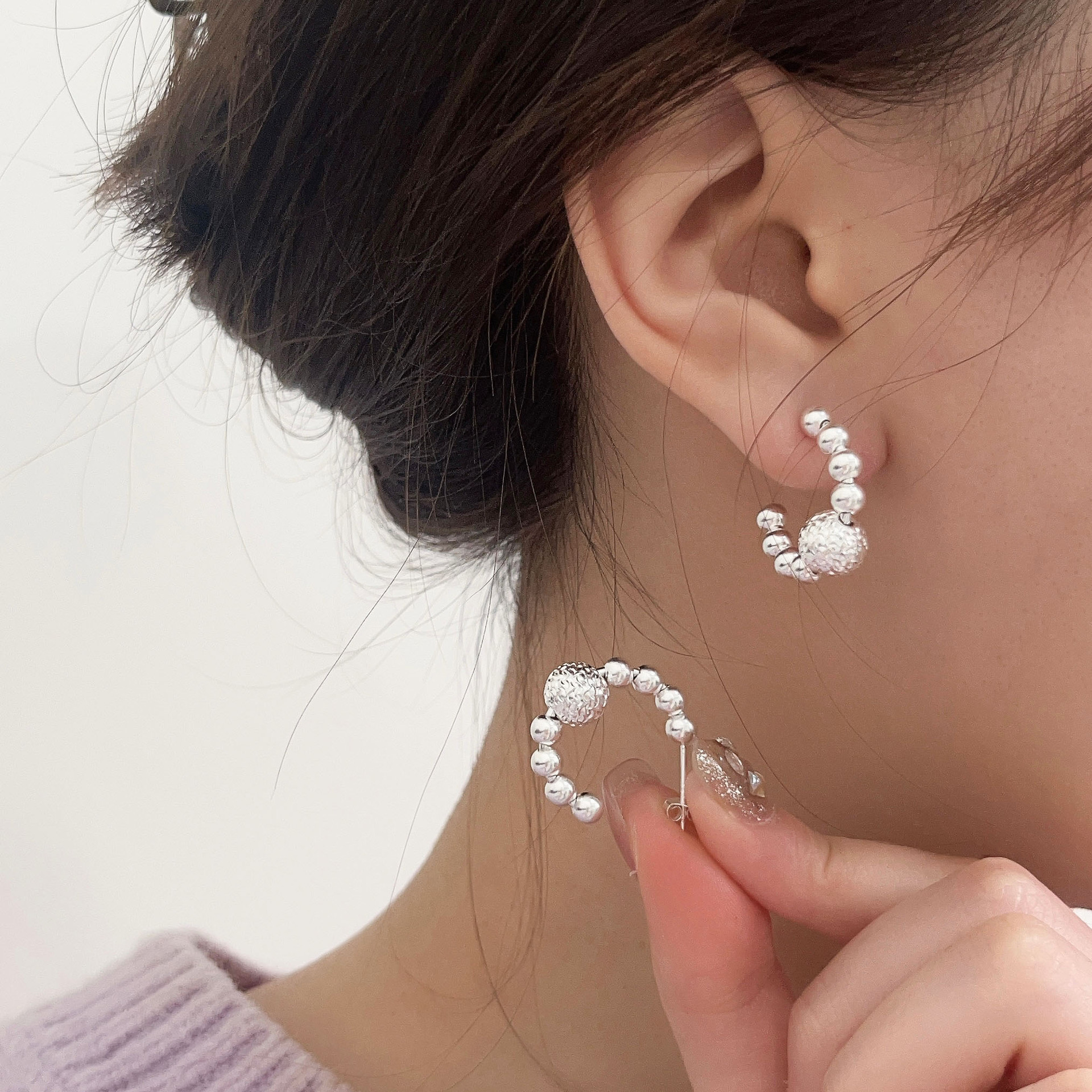 歐美跨境s925純銀高級感圓珠耳釘女法式氣質亮銀飾品小眾百搭高級