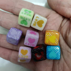 14mm烤漆条纹LOVE爱心方块珠 DIY手工串珠散珠发饰手机链饰品配件