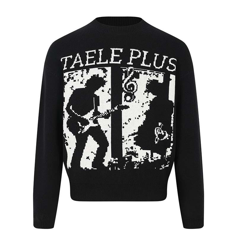 2026 Fall/Winter New American High Street Style Men's Loose Knit Sweater with Slogan Pattern and Rock Music Note Jacquard Round Neck 2026 Fall/Winter New American High Street Style Men's Loose Knit Sweater with Slogan Pattern and Rock Music Note Jacquard Round Neck