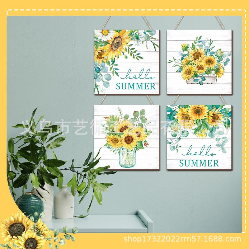 4 Pieces of Hello Summer Door Signs with Daisies, Wall Decorations, Farmhouse Welcome Signs, Wooden Family Front Door Floral Decorations