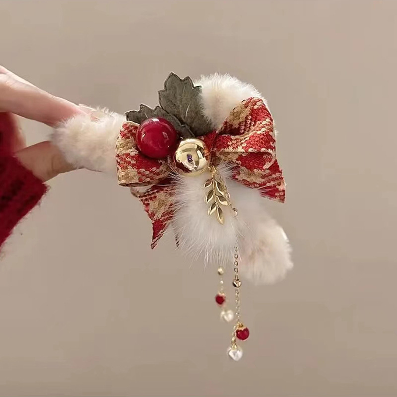 50g Weight Hair Clip, Hair Claws Hair Accessories Type 1 Piece Quantity Daily, Party, Festival Occasion Plush Material Christmas Festival Bow Knot Pattern Women's Gender Sweet Style Christmas Sweet Women's Bow Knot Plush Hair Clip Hair Claws 11