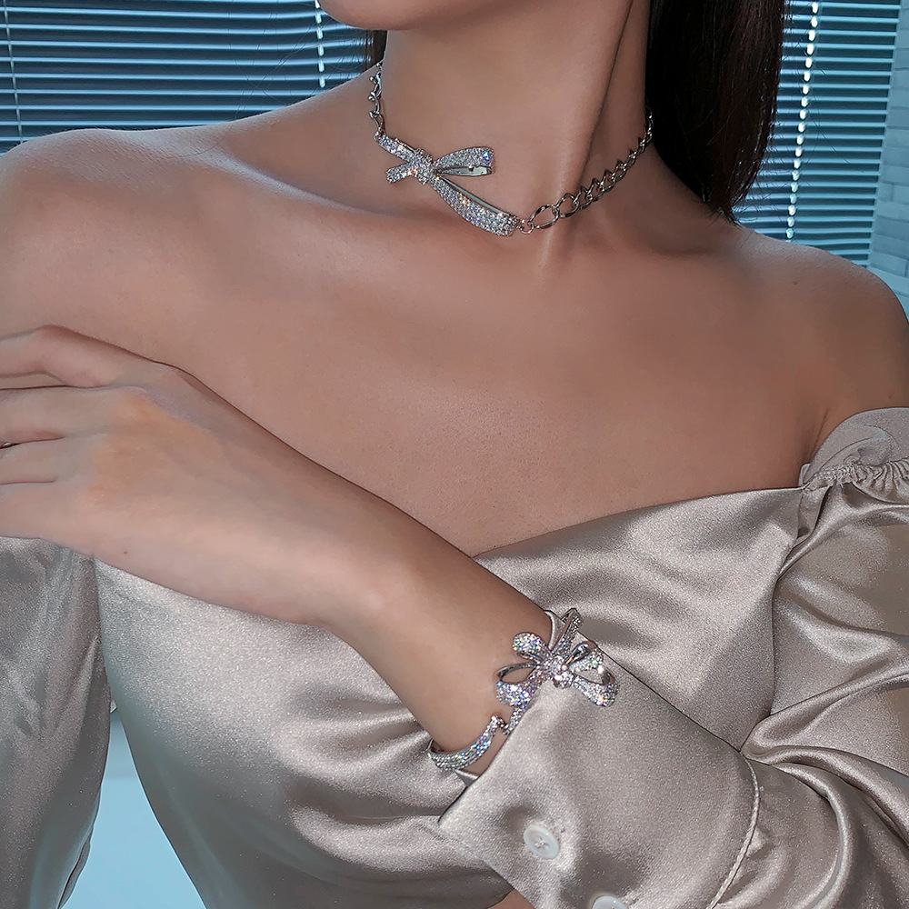 Internet Celebrity Same Style Super Fairy Design Splendid Diamond Bow Necklace Personality Butterfly Bracelet Micro Inlaid OpenEnded Braceletpicture1