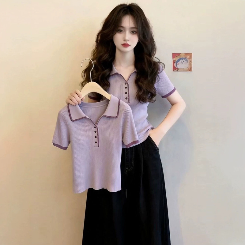Summer New Design Polo Collar Short-Sleeved Knitted T-Shirt for Women with Contrasting Colors and Slim-Fitting Short-Sleeved Top A12192 Summer New Design Polo Collar Short-Sleeved Knitted T-Shirt for Women with Contrasting Colors and Slim-Fitting Short-Sleeved Top A12192