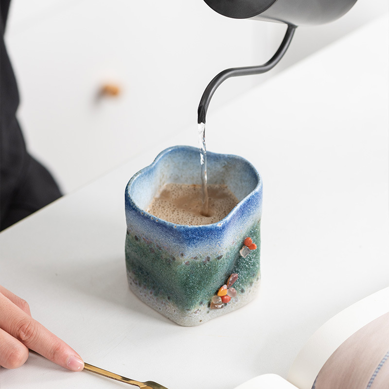 窯変粗陶器ハンドヘルドマグ家庭用レトロセラミックコーヒーカップウォーターカップ和風不規則な個人用ティーカップ|undefined