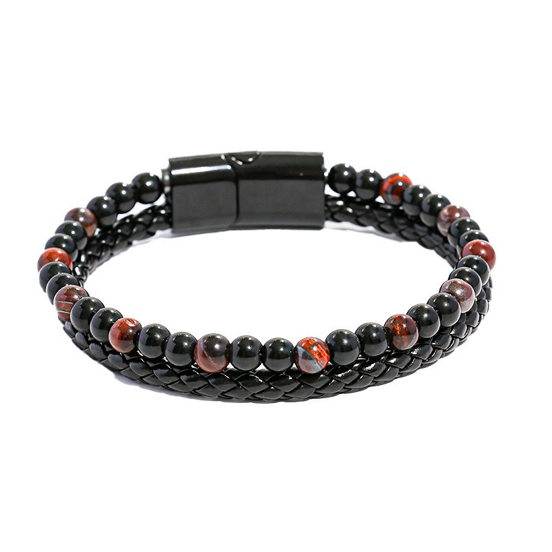 Longhe nuevos hombres europeos y americanos de aleación de cuero cuerda pulsera de piedra natural doble piedra de ojo de tigre piedra volcánica pulsera de cuentas