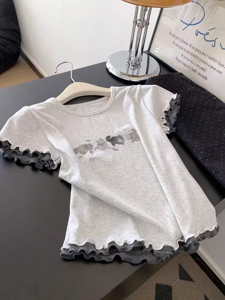 [210g 40 Count Pure Cotton] Cartoon Cat Lace Bow Short-Sleeved T-Shirt Women's New Summer Slim Top