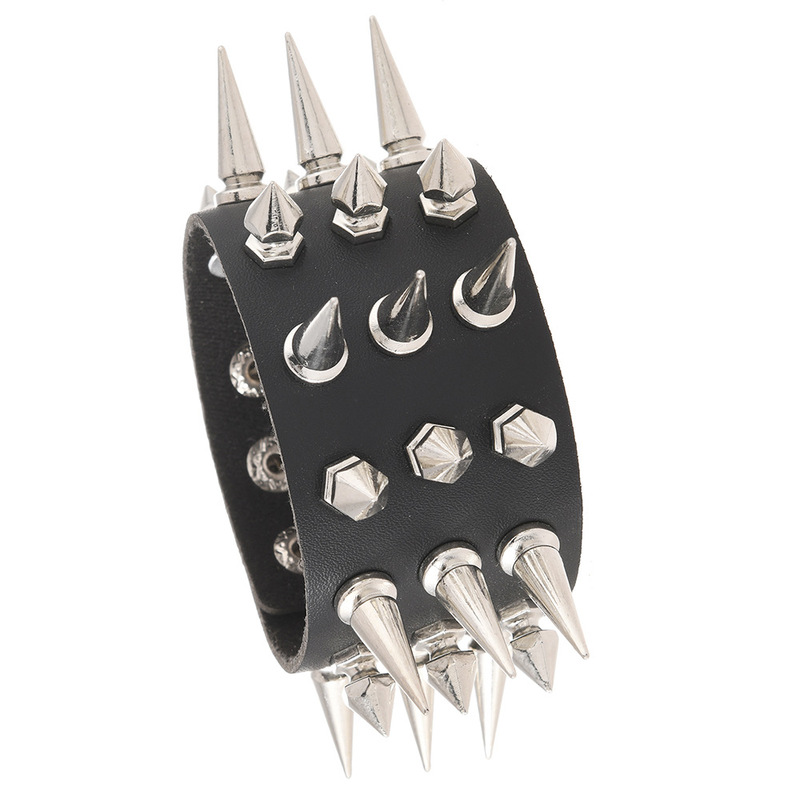 European and American Cross-Border Jewelry New Three-Row Spike Exaggerated Punk Wide Leather Bracelet Personalized Bar Hip-Hop Bracelet