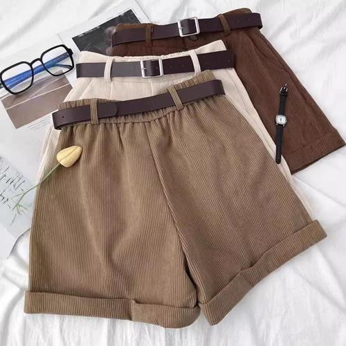 Retro Corduroy Short Pants for Women - Autumn/Winter High-Waisted Slim Straight Leg Pants with Boot Cut Design