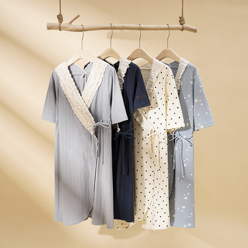 Cloud Cotton Japanese Style Kimono Pure Color Nightgown Summer Striped Knitted Cute Short-Sleeved Sweet Pajamas Women's Summer Home Wear