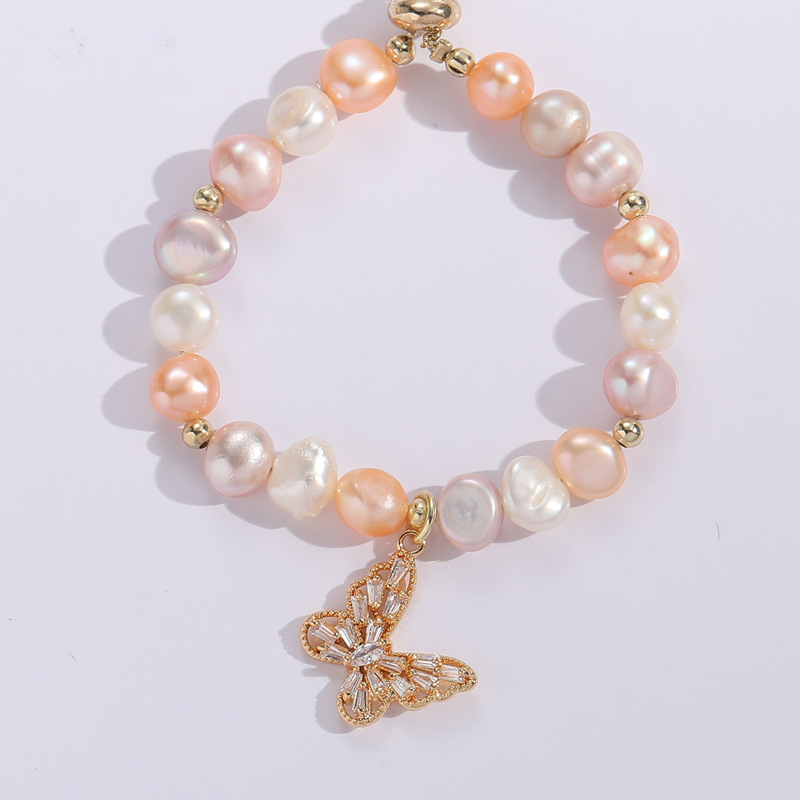 Baroque Style Pearl Zircon Butterfly Copper 14k Gold-plated Adjustable Bracelet display picture 1