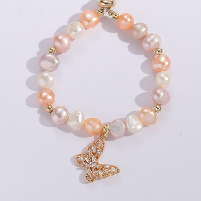 Baroque style Pearl Zircon Butterfly copper 14k gold-plated Adjustable Bracelet